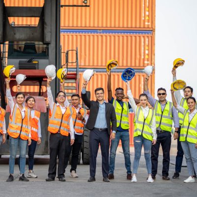 Real-Time Shipment Tracking Team of Employees wearing logistic uniforms